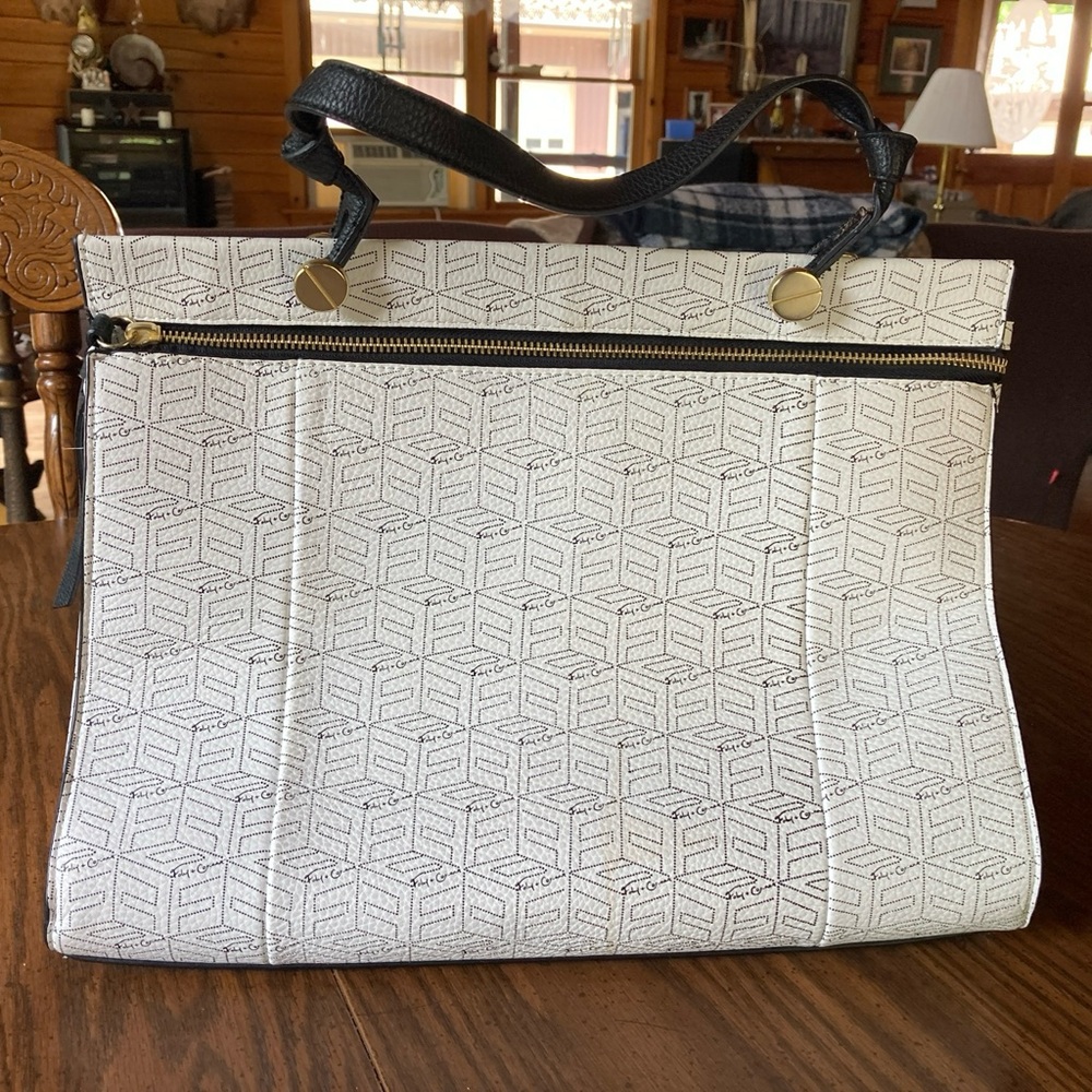 Foley & Corinna white with black/brown trim large tote/satchel/handbag